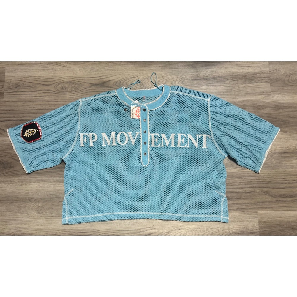 FP Movement Womens Crochet Mesh Bright Blue Camp Out T shirt XS S M oversized